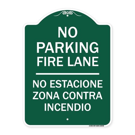 SIGNMISSION No Estacione Zona Contra Incendio, Green & White Aluminum Architectural Sign, 18" H, GW-1824-23848 A-DES-GW-1824-23848